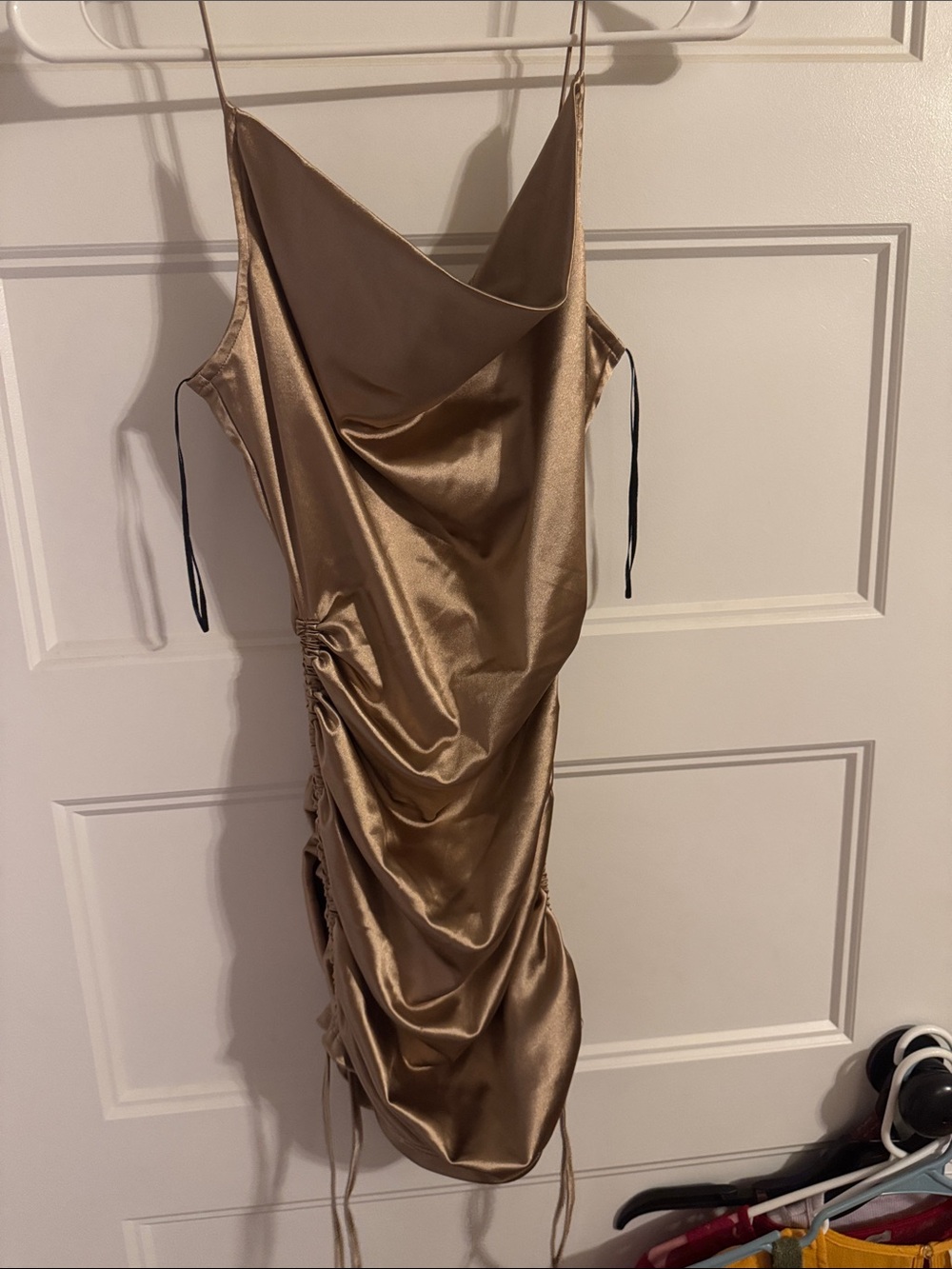 Satin Cowl Neck Ruched Slip Dress - Gold